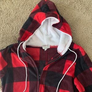 Red and black zip up “flannel” with hood onesie - Size Small